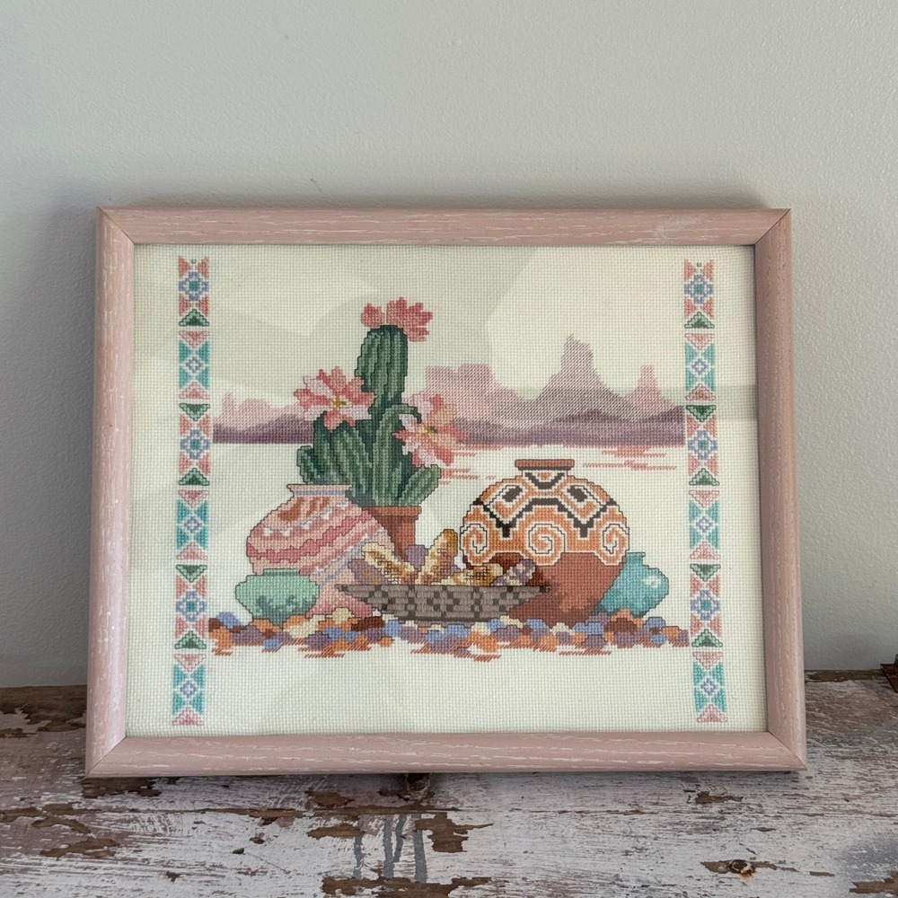 Vintage Southwest Desert Cactus Pottery Framed Cross Stitch Gallery Wall Art